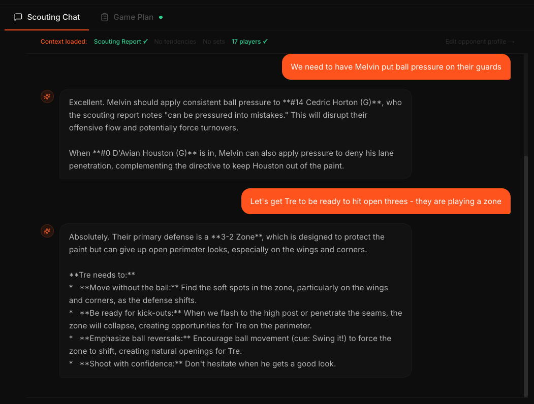 XCIV scouting chat — coach asks the AI for matchup-specific guidance with scouting report loaded as context
