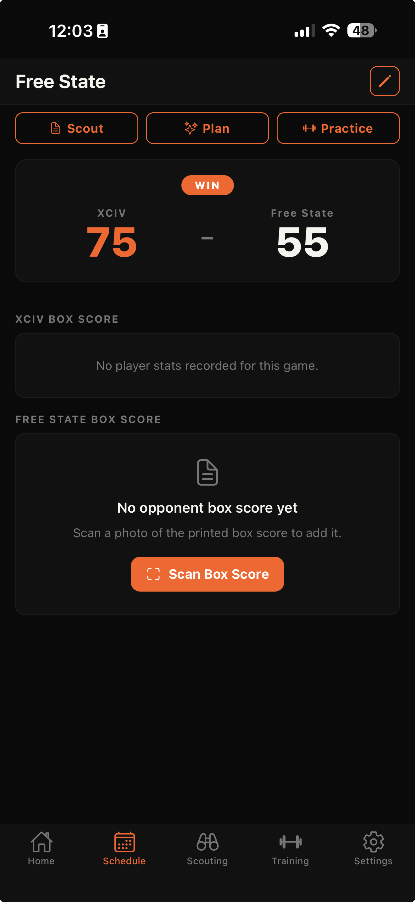 XCIV-Mobile post-game flow — scan opponent box score from the printed scorebook