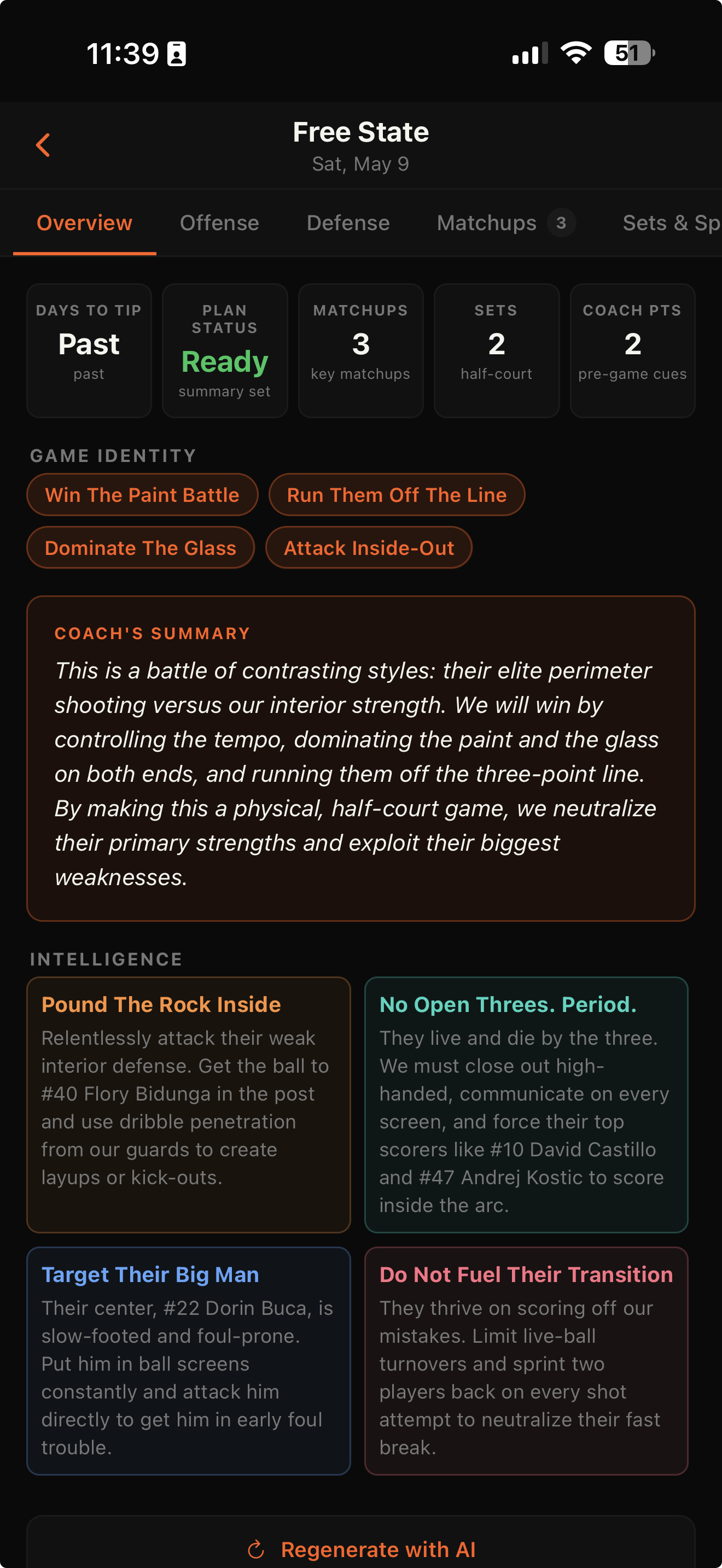 XCIV-Mobile game plan — generated game plan for Free State with coach's summary and intelligence cards