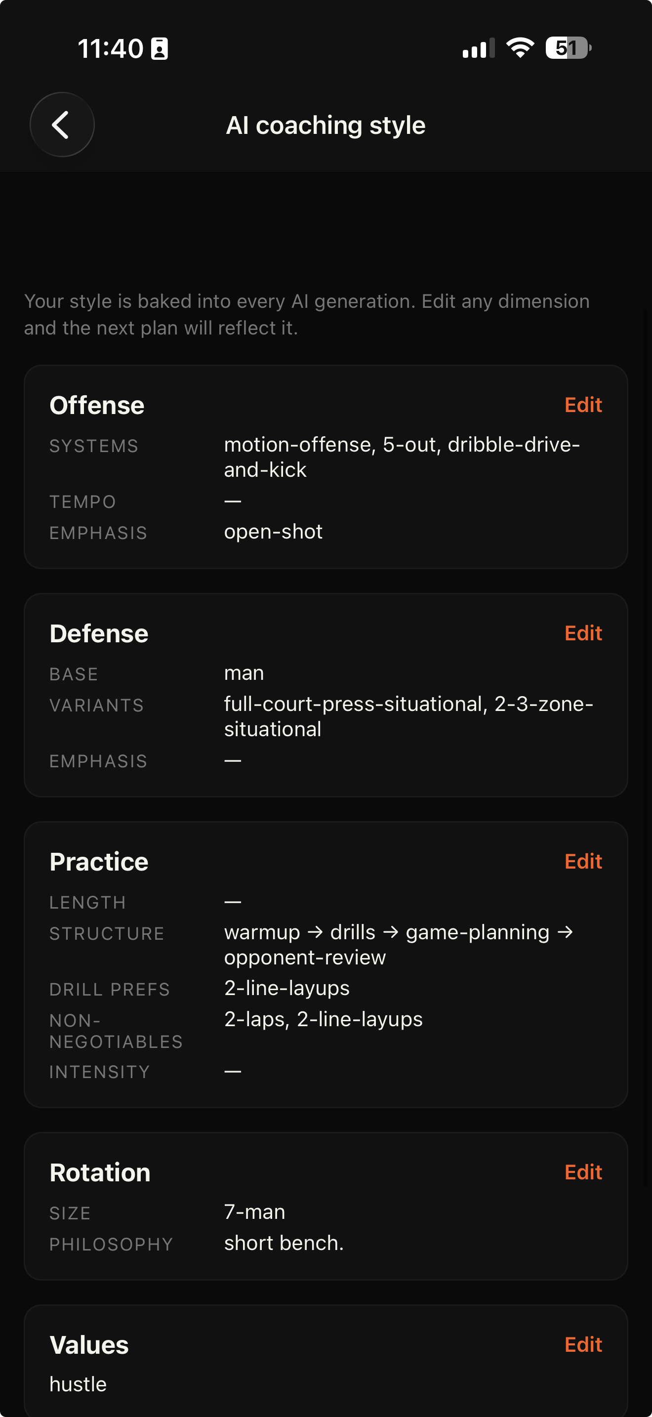 XCIV-Mobile AI coaching style settings — offense, defense, practice, rotation, and values dimensions