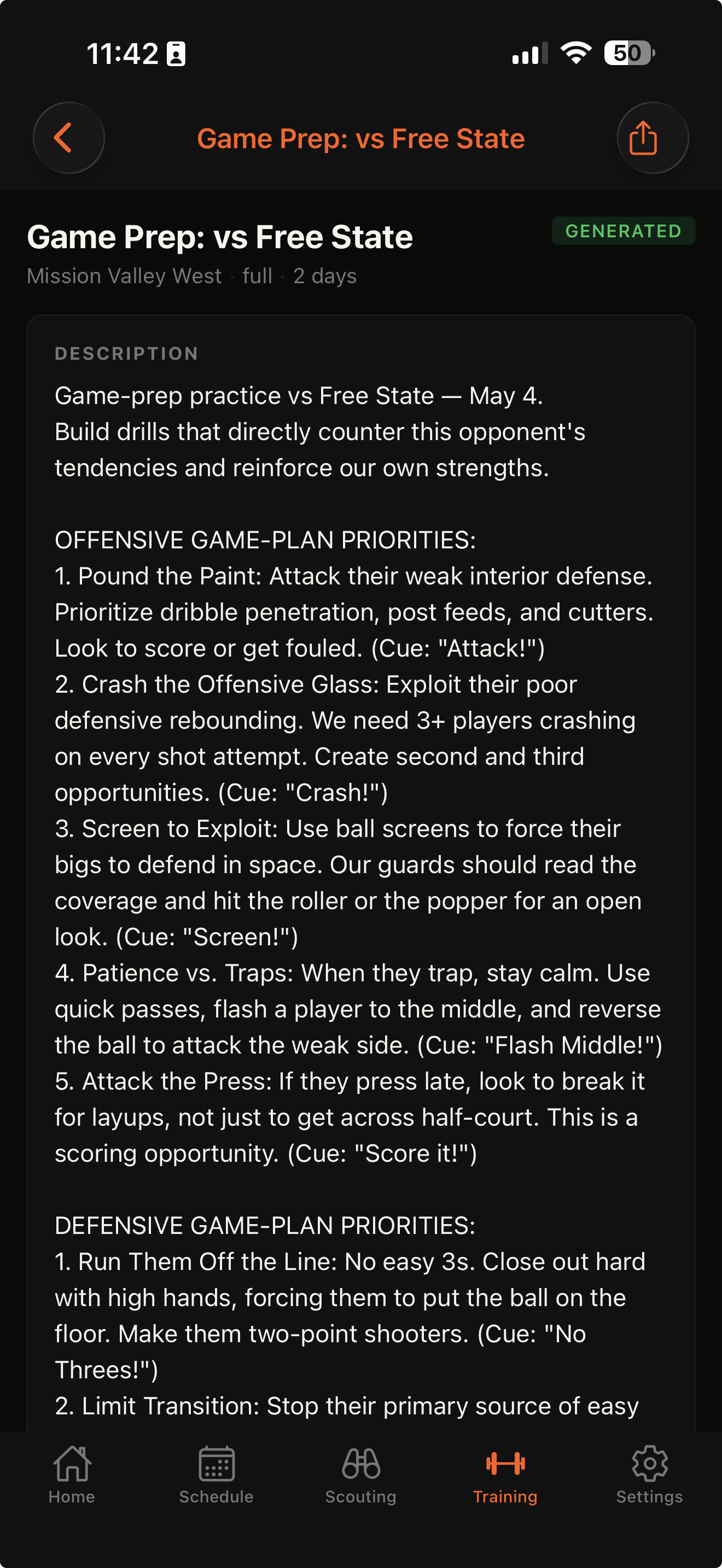 XCIV-Mobile generated practice plan — game-prep priorities vs Free State opponent